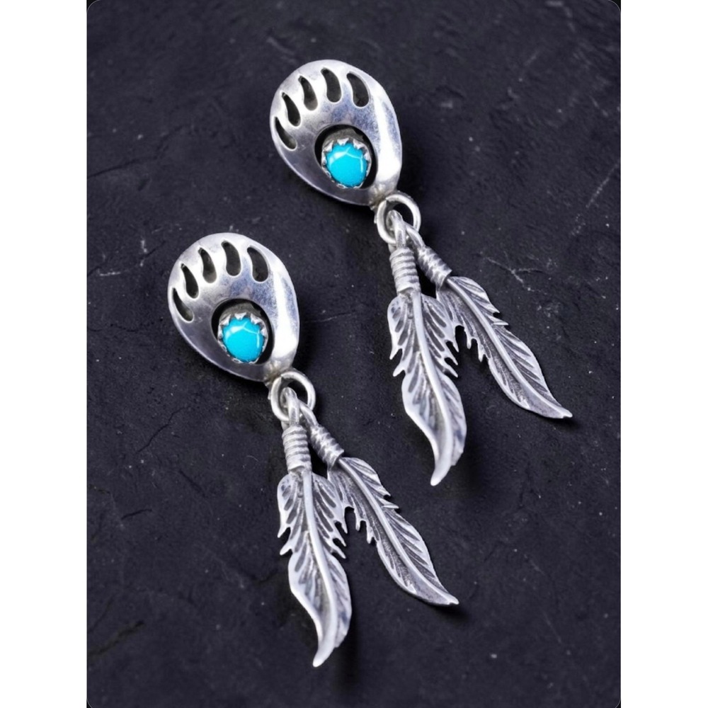 Vintage Navajo Style Bear Paw Turquoise Feather Dangle Earrings Sterling Silver